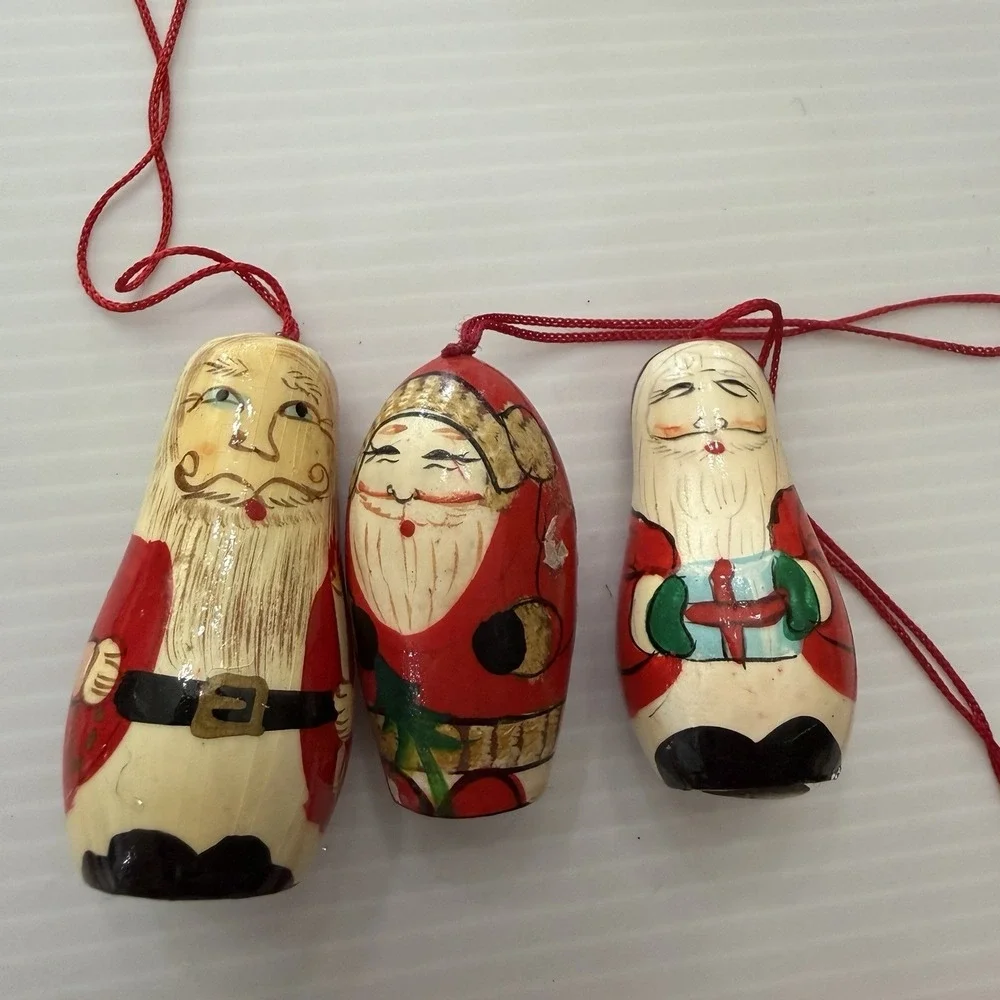 Vintage Hand Carved Santa Ornaments Wooden Lot Of 4 Folk Art